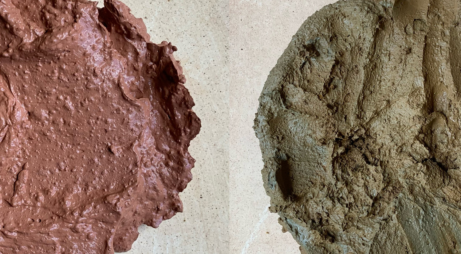 Closeup of two wet clay samples side by side, both from Louisiana. The clay on the left is a rich dark pinkish brown. The clay on the right is tan and brown. 