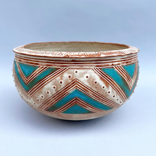 Turquoise Stamped Rim Serving Bowl