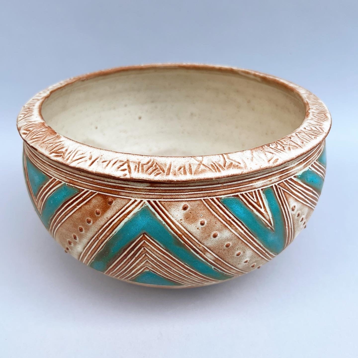 Turquoise Stamped Rim Serving Bowl